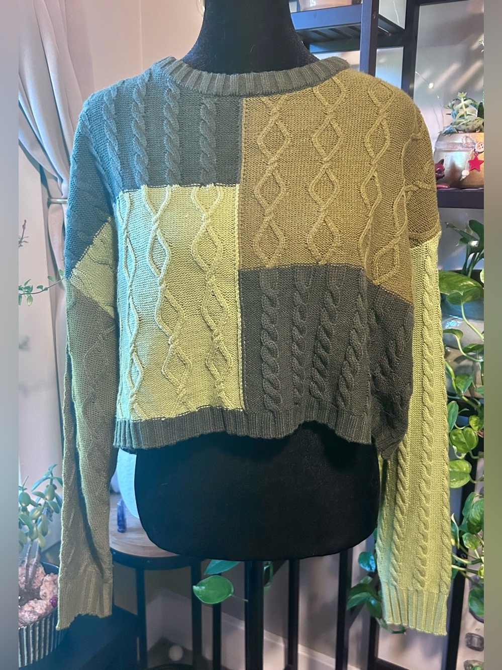 Empyre Women’s Colorblock Cable-Knit Cropped Sweater - Olive & Sage